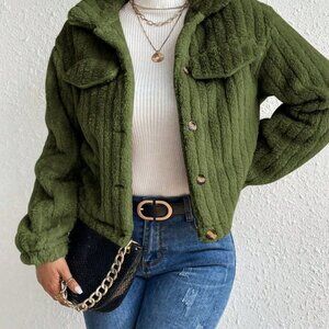Army Green Casual Women's Long Sleeve Fluffy Jacket